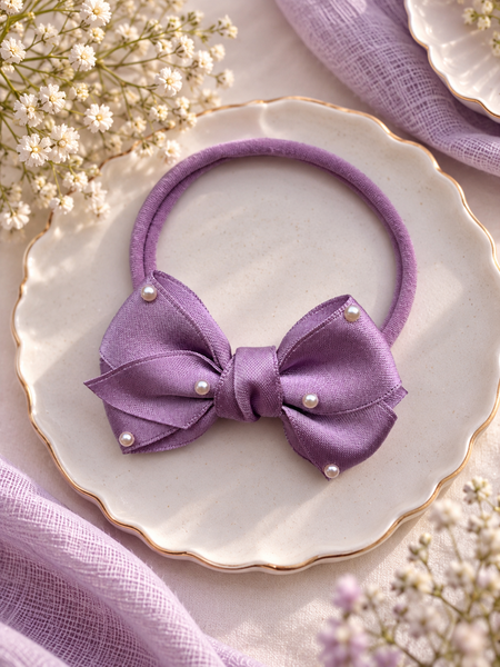 Girls Ribbon Pearl Bow Headband- Lilac