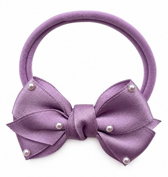 Girls Ribbon Pearl Bow Headband- Lilac