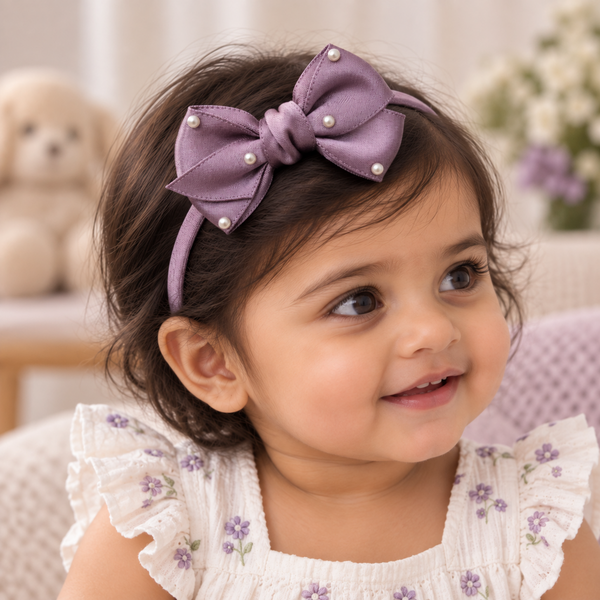 Girls Ribbon Pearl Bow Headband- Lilac