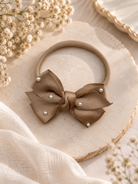 Girls Ribbon Pearl Bow Headband- Mocha Brown