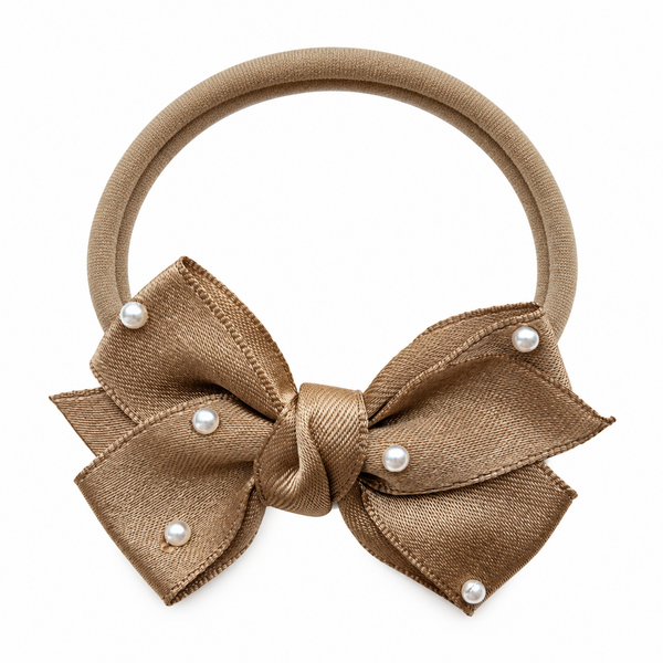 Girls Ribbon Pearl Bow Headband- Mocha Brown