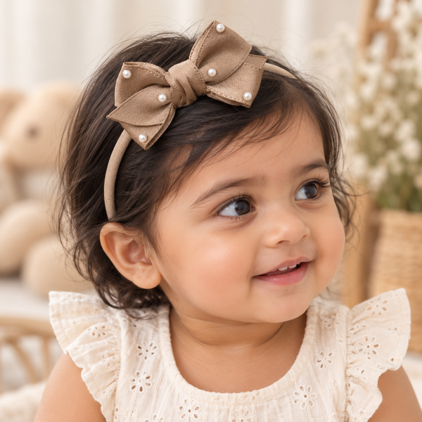 Girls Ribbon Pearl Bow Headband- Mocha Brown