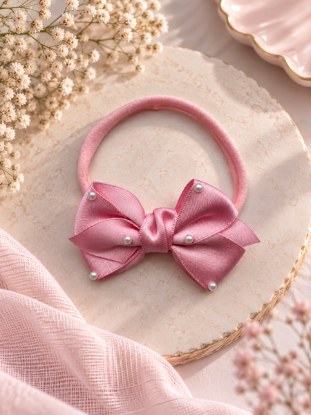Girls Ribbon Pearl Bow Headband- Pink
