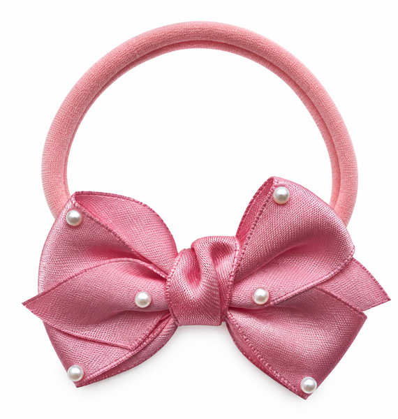Girls Ribbon Pearl Bow Headband- Pink