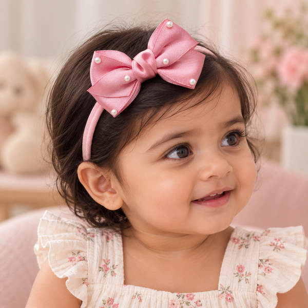 Girls Ribbon Pearl Bow Headband- Pink