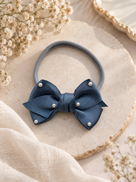 Girls Ribbon Pearl Bow Headband- Slate Blue