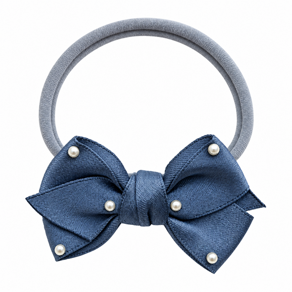 Girls Ribbon Pearl Bow Headband- Slate Blue