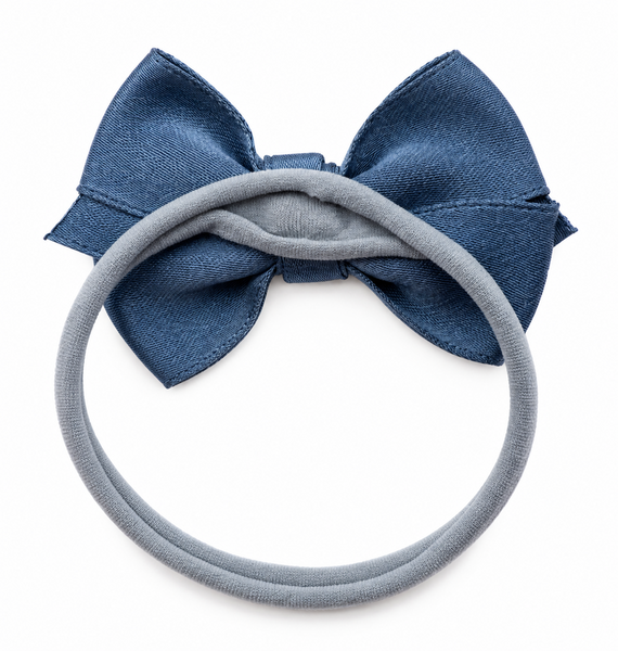 Girls Ribbon Pearl Bow Headband- Slate Blue
