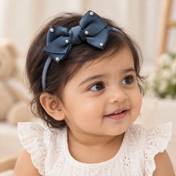 Girls Ribbon Pearl Bow Headband- Slate Blue