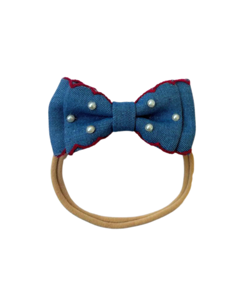 Red Border Pearl Denim Headband – Blue