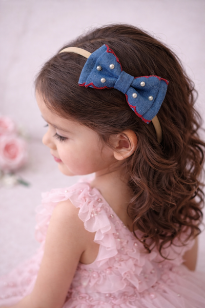 Red Border Pearl Denim Headband – Blue