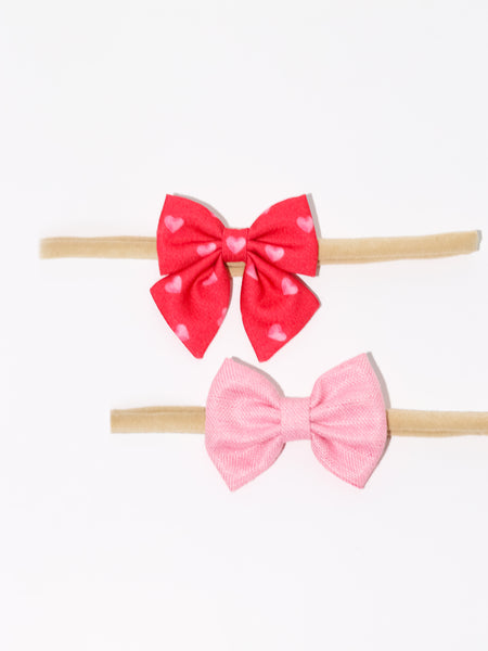 Heart Print Sailor Bow & Bow Headband Set- Red & Light Pink