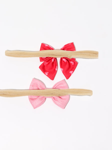 Heart Print Sailor Bow & Bow Headband Set- Red & Light Pink