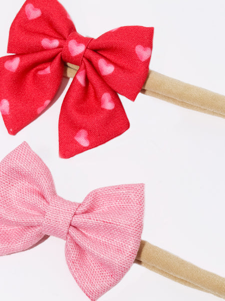 Heart Print Sailor Bow & Bow Headband Set- Red & Light Pink