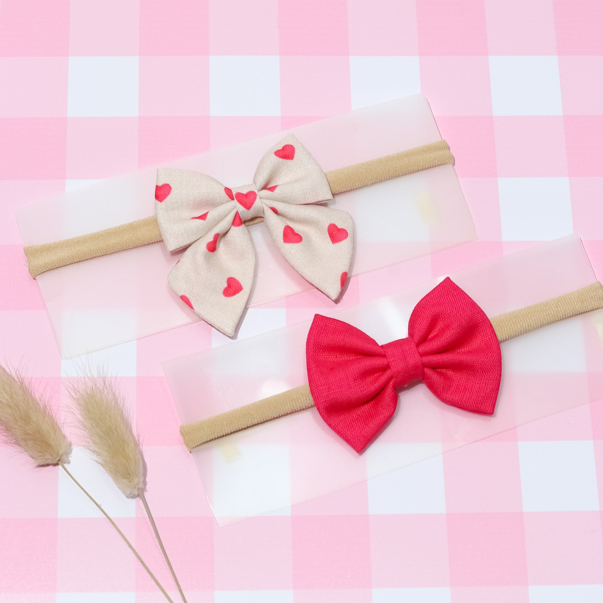 Heart Print Sailor Bow & Bow Headband Set- White & Pink