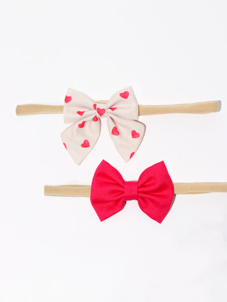 Heart Print Sailor Bow & Bow Headband Set- White & Pink