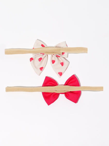 Heart Print Sailor Bow & Bow Headband Set- White & Pink