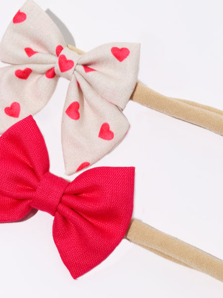 Heart Print Sailor Bow & Bow Headband Set- White & Pink