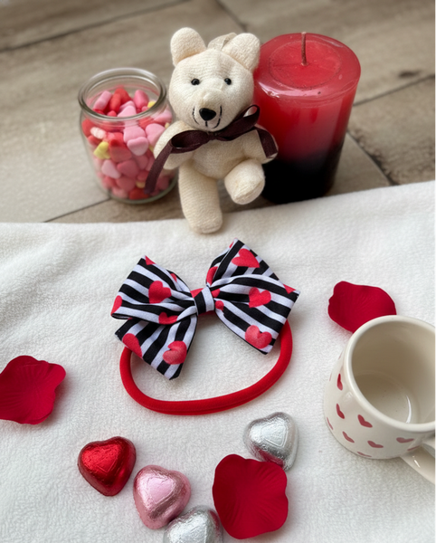 Stripe and Hearts Bow Headband- Red