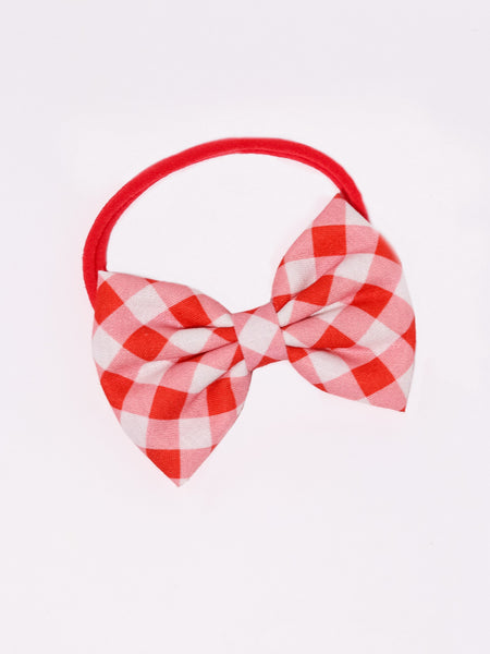 Kids Checked Bow Headband- Red & White