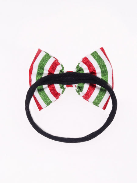 Christmas Striped Bow Headband- Red, Green & White
