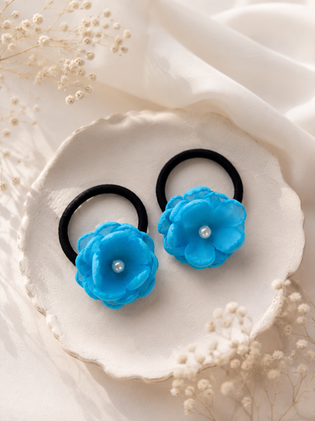 Set of 2 Pearl Flower Hair Rubber Bands- Blue