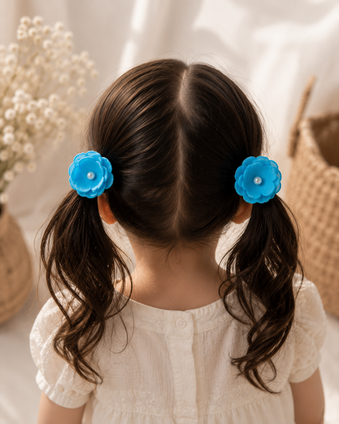 Set of 2 Pearl Flower Hair Rubber Bands- Blue