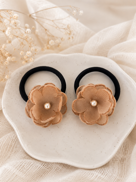 Set of 2 Pearl Flower Hair Rubber Bands- Beige