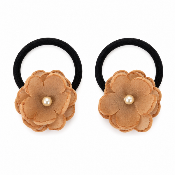 Set of 2 Pearl Flower Hair Rubber Bands- Beige