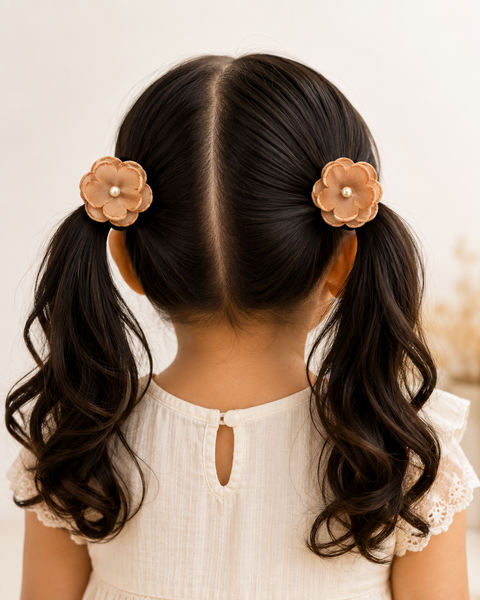 Set of 2 Pearl Flower Hair Rubber Bands- Beige