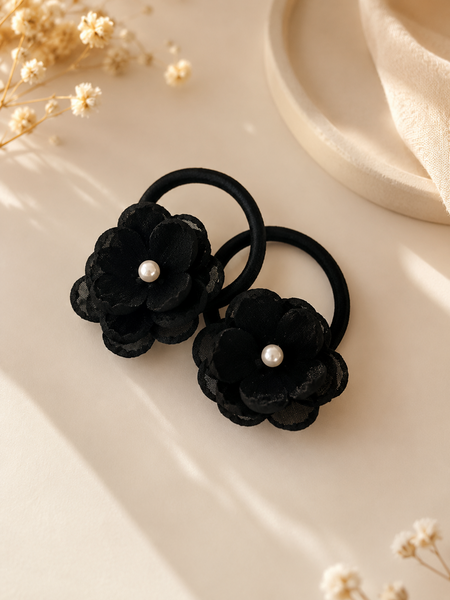 Set of 2 Pearl Flower Hair Rubber Bands- Black