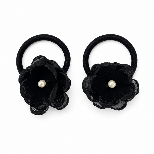 Set of 2 Pearl Flower Hair Rubber Bands- Black