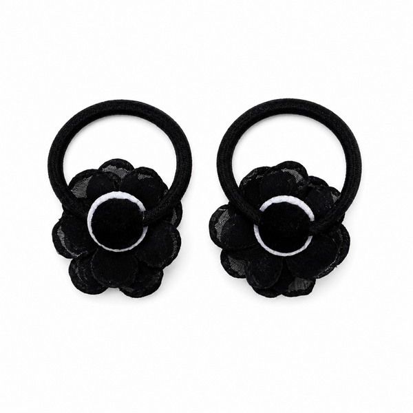 Set of 2 Pearl Flower Hair Rubber Bands- Black