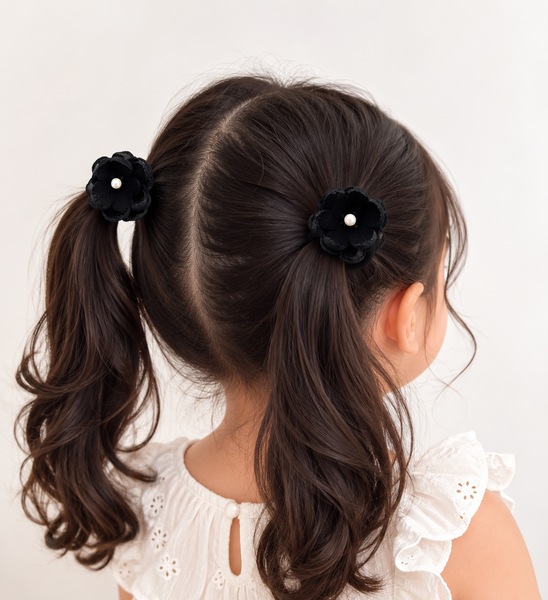 Set of 2 Pearl Flower Hair Rubber Bands- Black