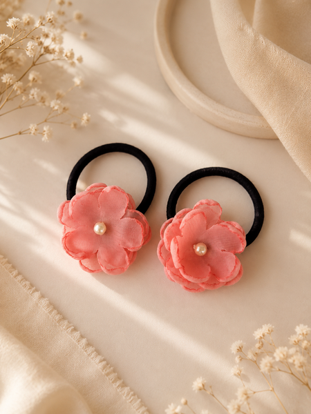 Set of 2 Pearl Flower Hair Rubber Bands- Coral Pink