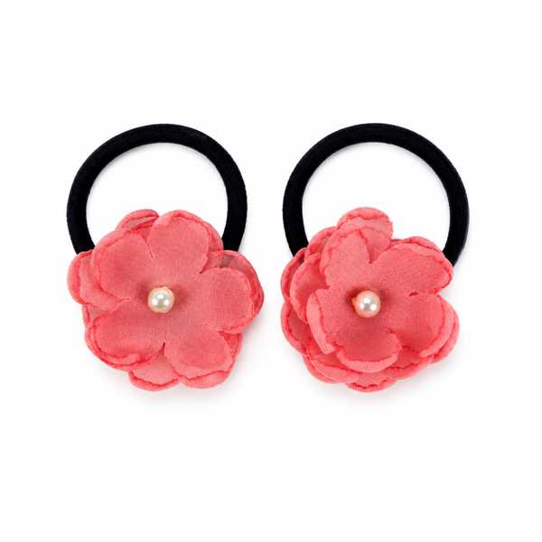 Set of 2 Pearl Flower Hair Rubber Bands- Coral Pink