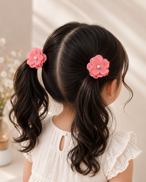 Set of 2 Pearl Flower Hair Rubber Bands- Coral Pink