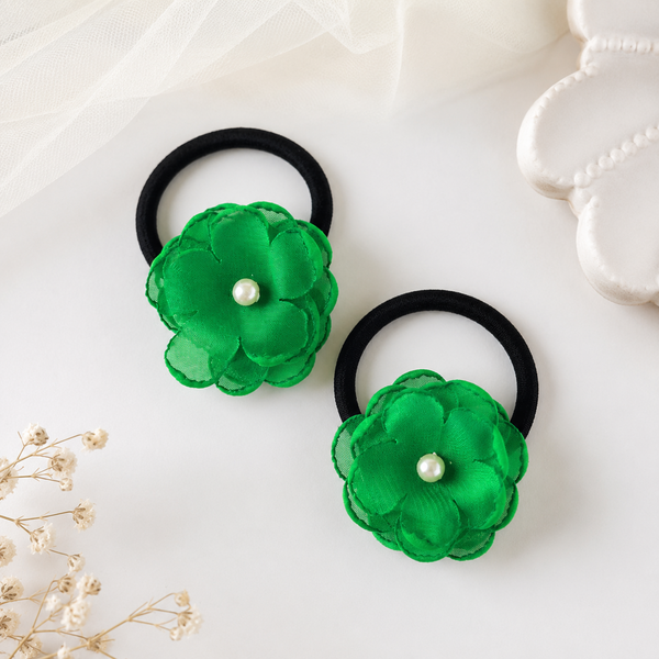 Set of 2 Pearl Flower Hair Rubber Bands- Green