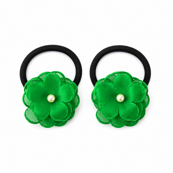 Set of 2 Pearl Flower Hair Rubber Bands- Green