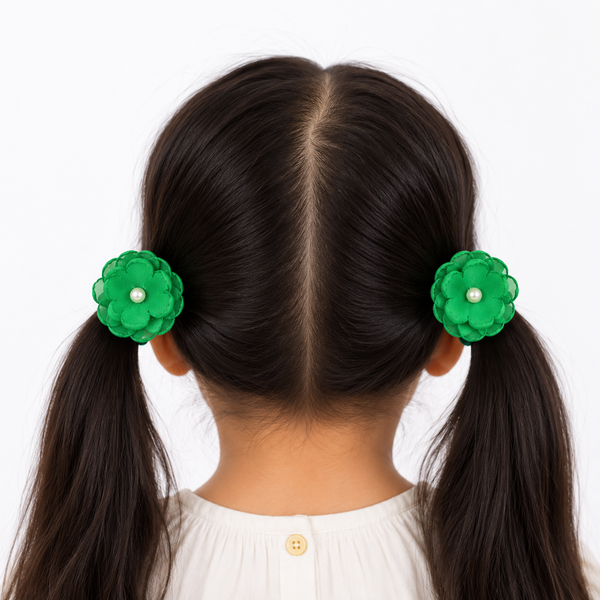 Set of 2 Pearl Flower Hair Rubber Bands- Green