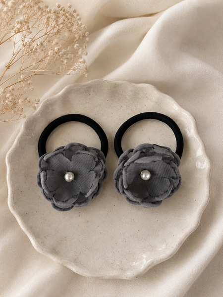 Set of 2 Pearl Flower Hair Rubber Bands- Grey