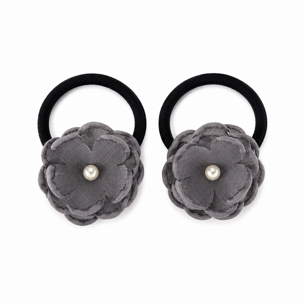 Set of 2 Pearl Flower Hair Rubber Bands- Grey