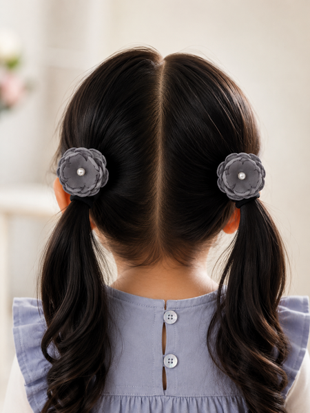 Set of 2 Pearl Flower Hair Rubber Bands- Grey