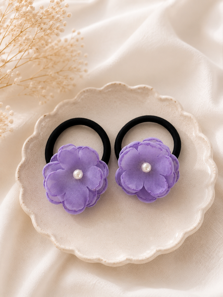 Set of 2 Pearl Flower Hair Rubber Bands- Purple
