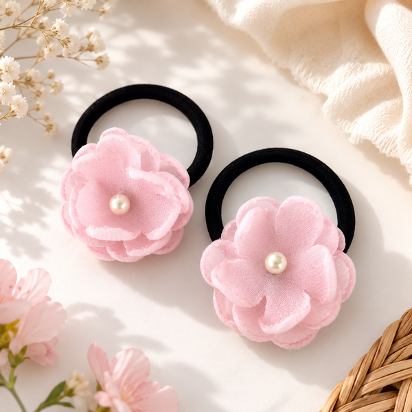 Set of 2 Pearl Flower Hair Rubber Bands- Pink
