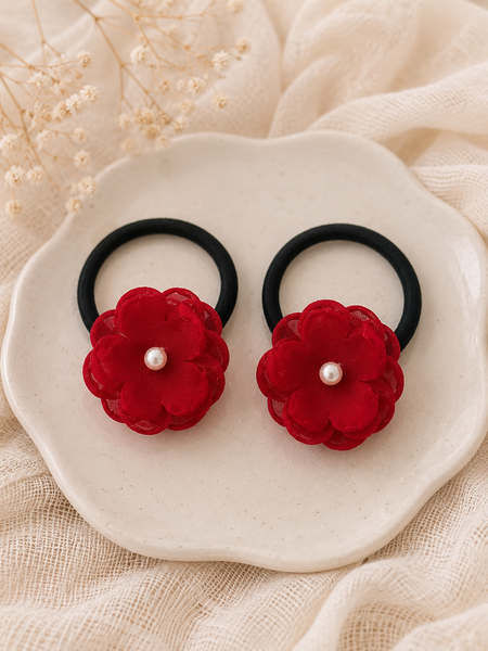 Set of 2 Pearl Flower Hair Rubber Bands- Red