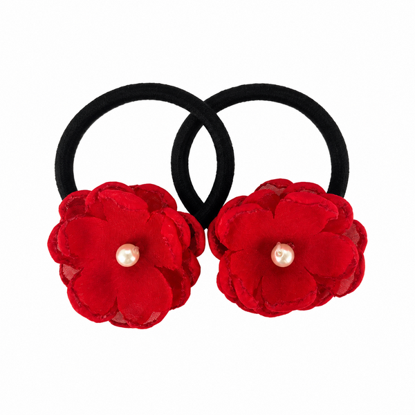 Set of 2 Pearl Flower Hair Rubber Bands- Red