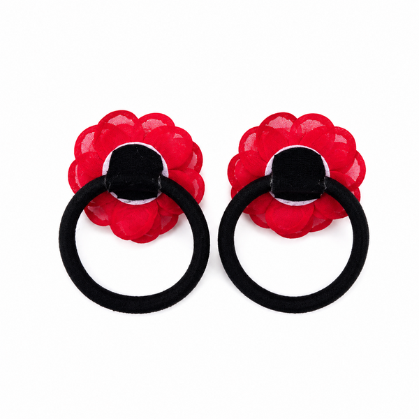 Set of 2 Pearl Flower Hair Rubber Bands- Red