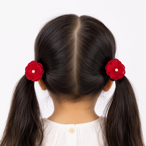 Set of 2 Pearl Flower Hair Rubber Bands- Red