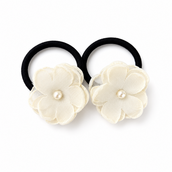 Set of 2 Pearl Flower Hair Rubber Bands- White